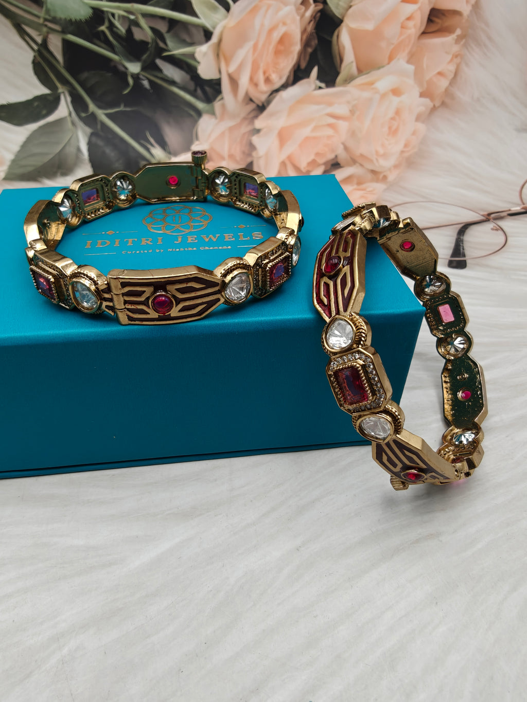 Sargam Enamel and Moissanite Openable Bangles- Maroon/Ruby