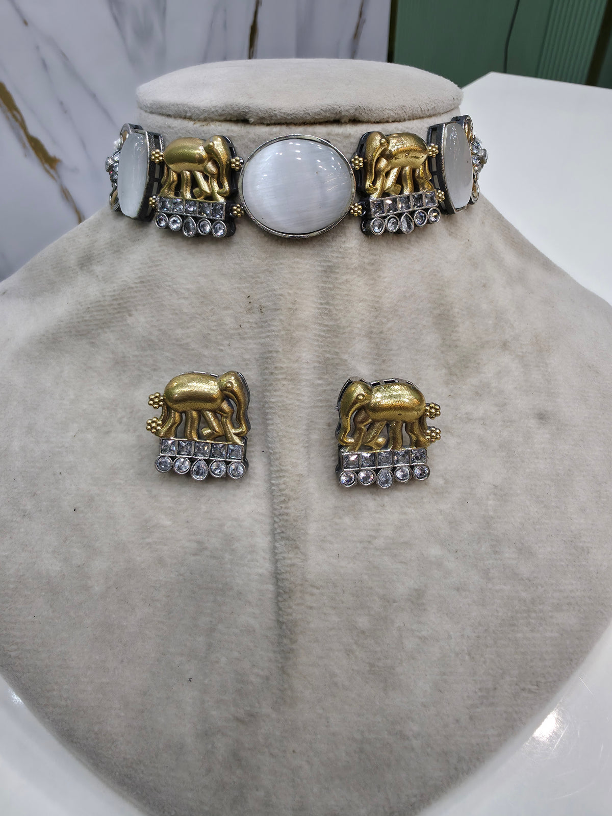 Elephant Monalisa Silver Oxidised Choker Set- White
