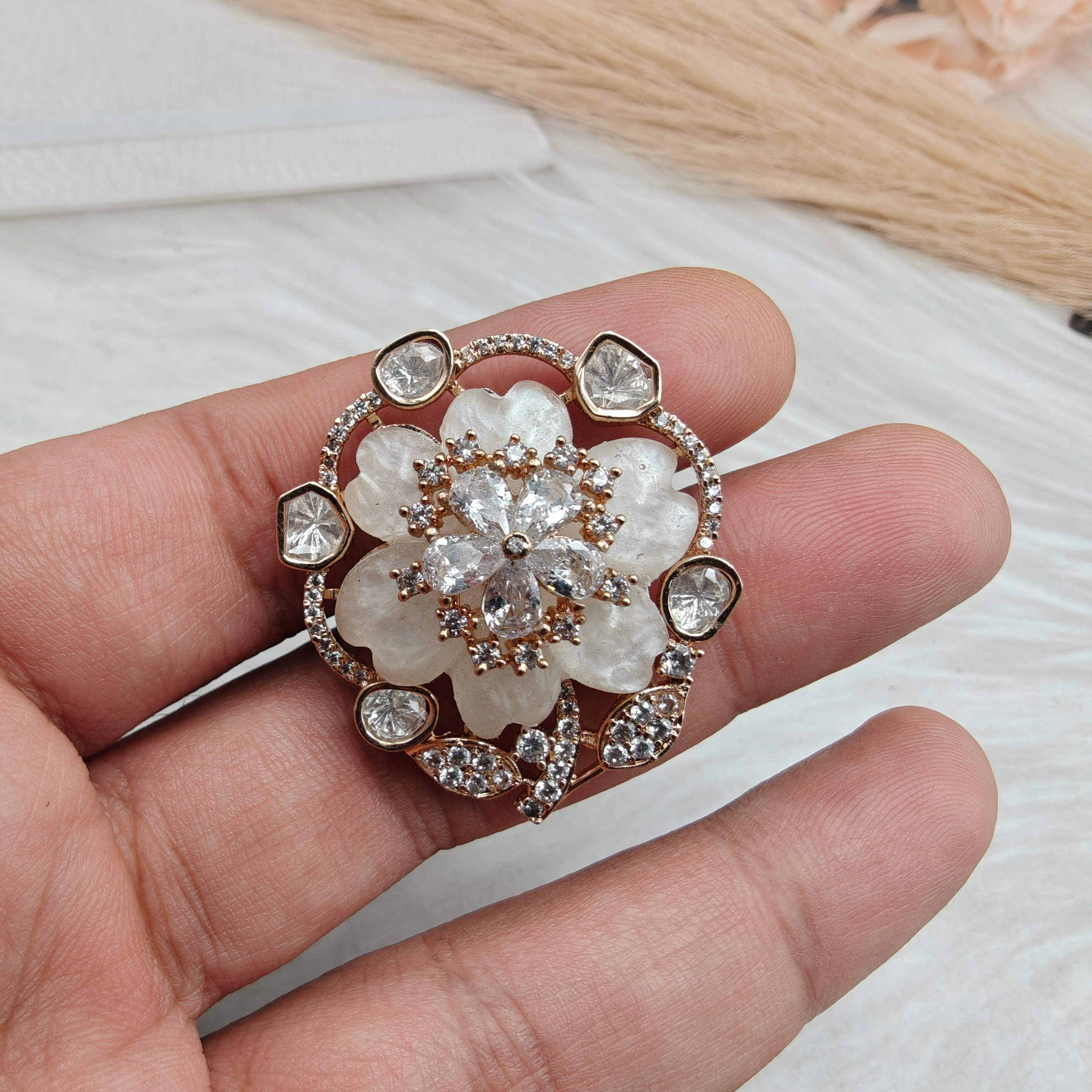 Floral Mother of Pearl Adjustable Ring- White