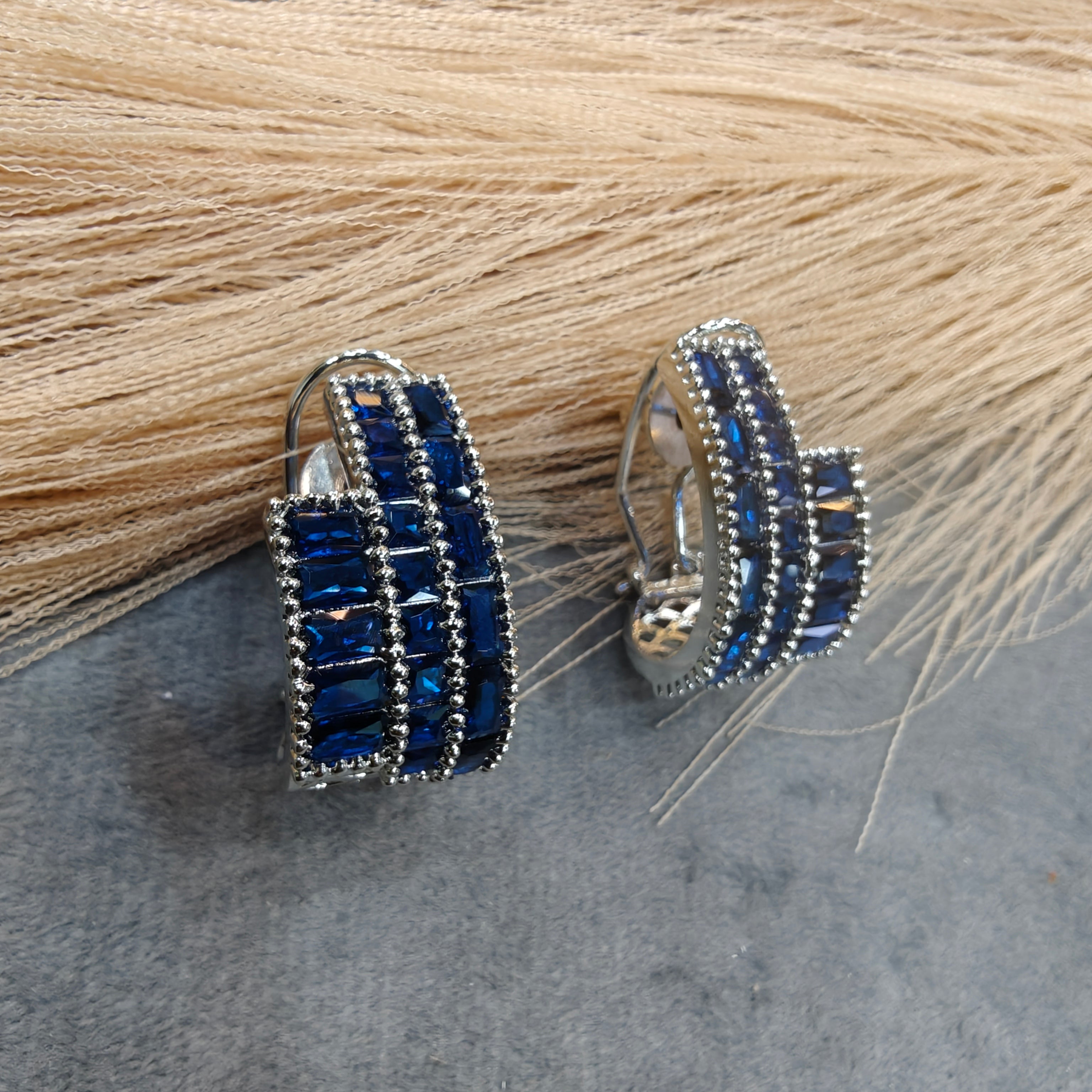 Supriya AD baguette Silver Plated Hoops - Blue