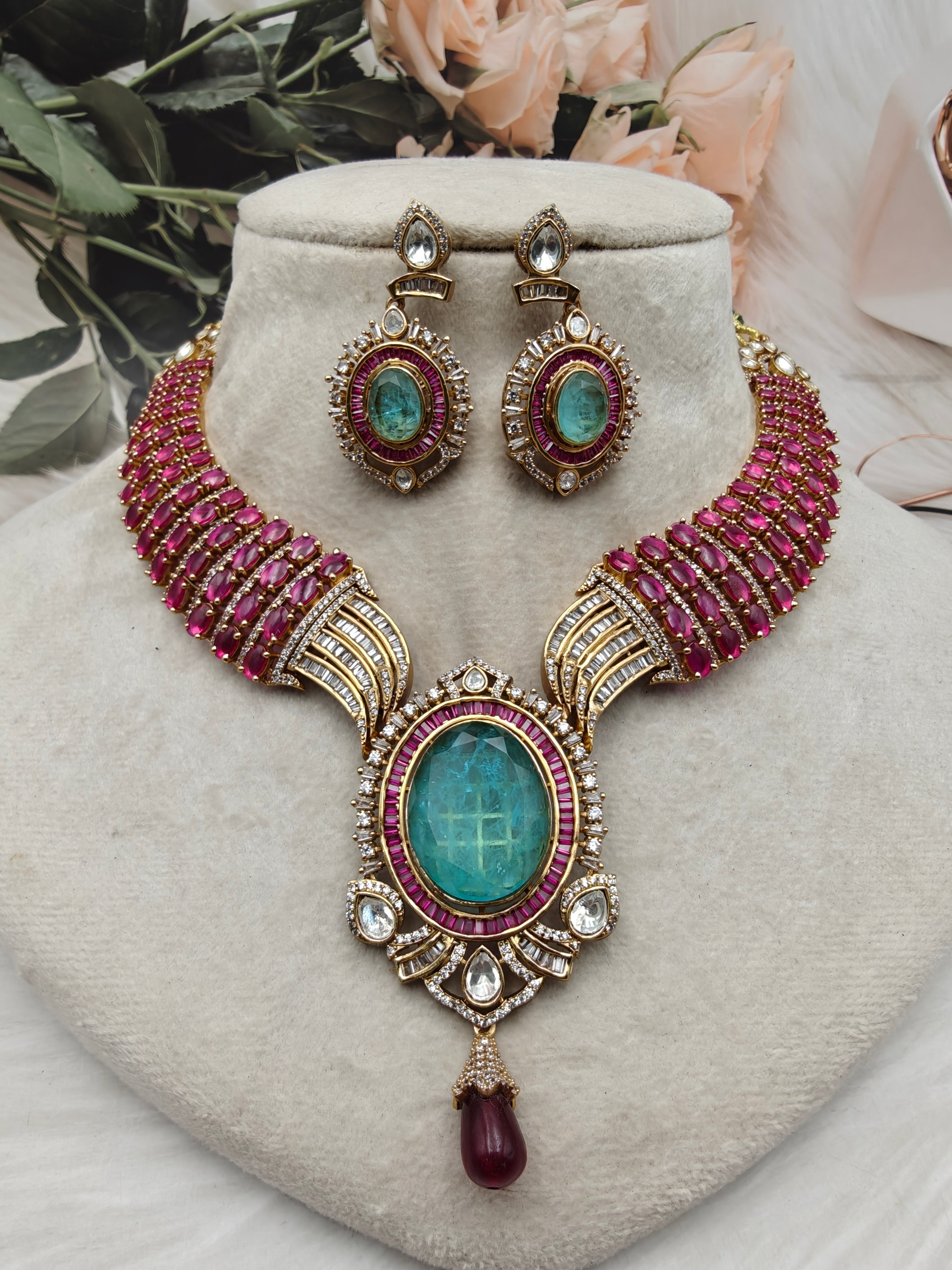 Jahanara Doublet and Moissanite Necklace Set - Ruby n Aqua Blue