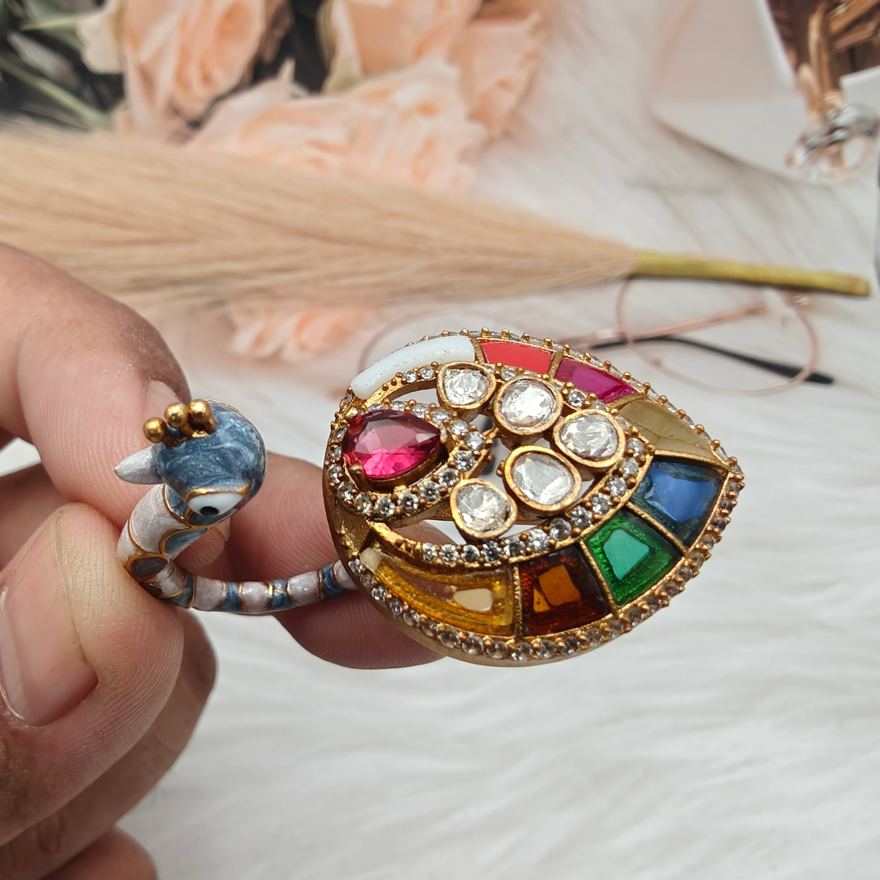 Morni Moissanite Italian Enamel Statement Ring- Grey Blue- Multi