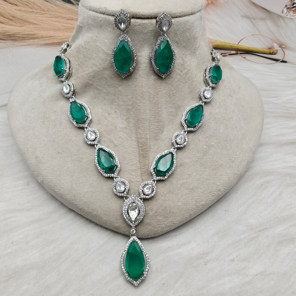 Anusha Doublet and Uncut Polki Necklace Set (Silver Finish)- Green