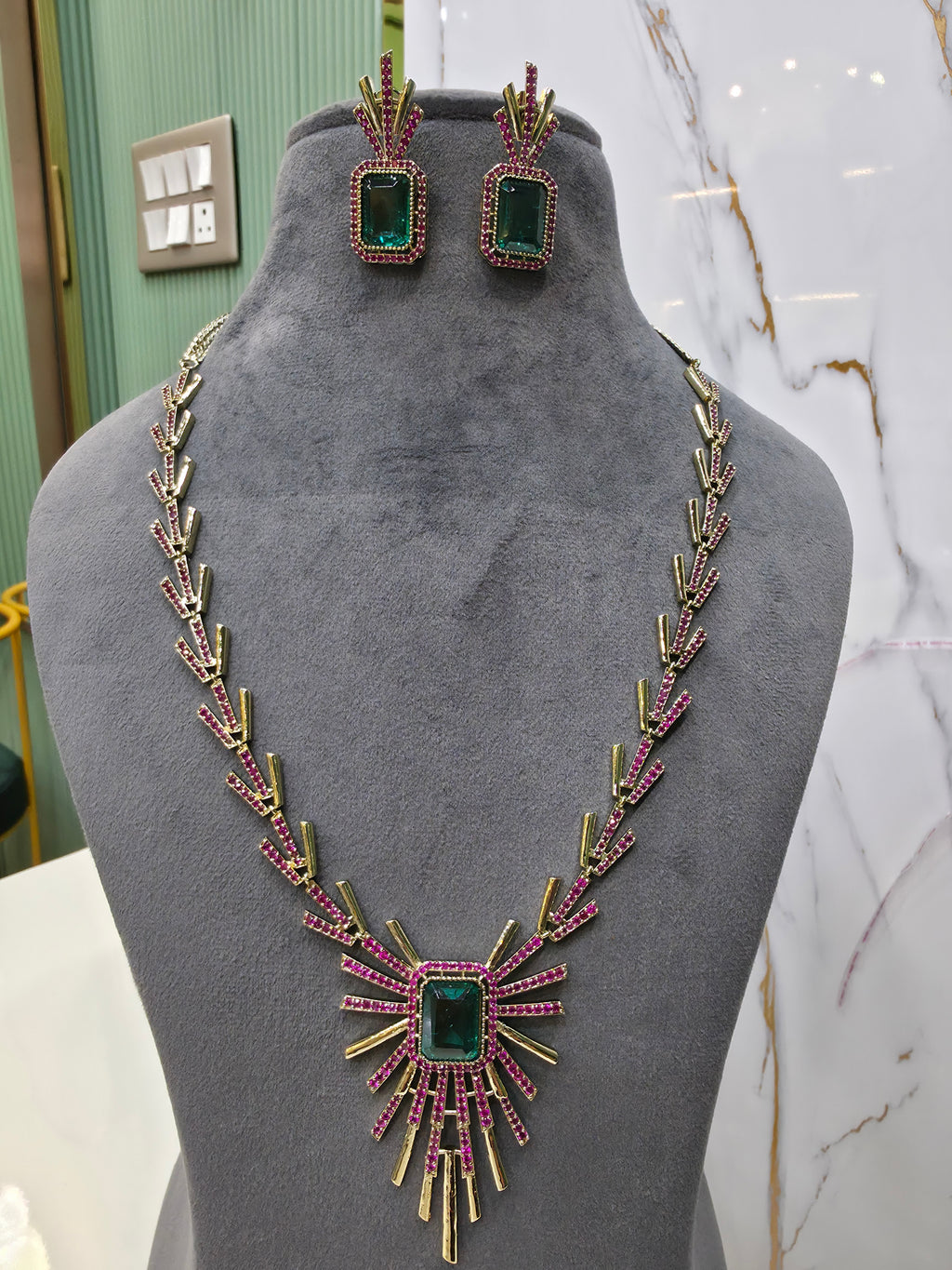 Sabya Inspired Namdini Palm Tree Victorian AD Long Necklace Set-  Ruby Emerald Green