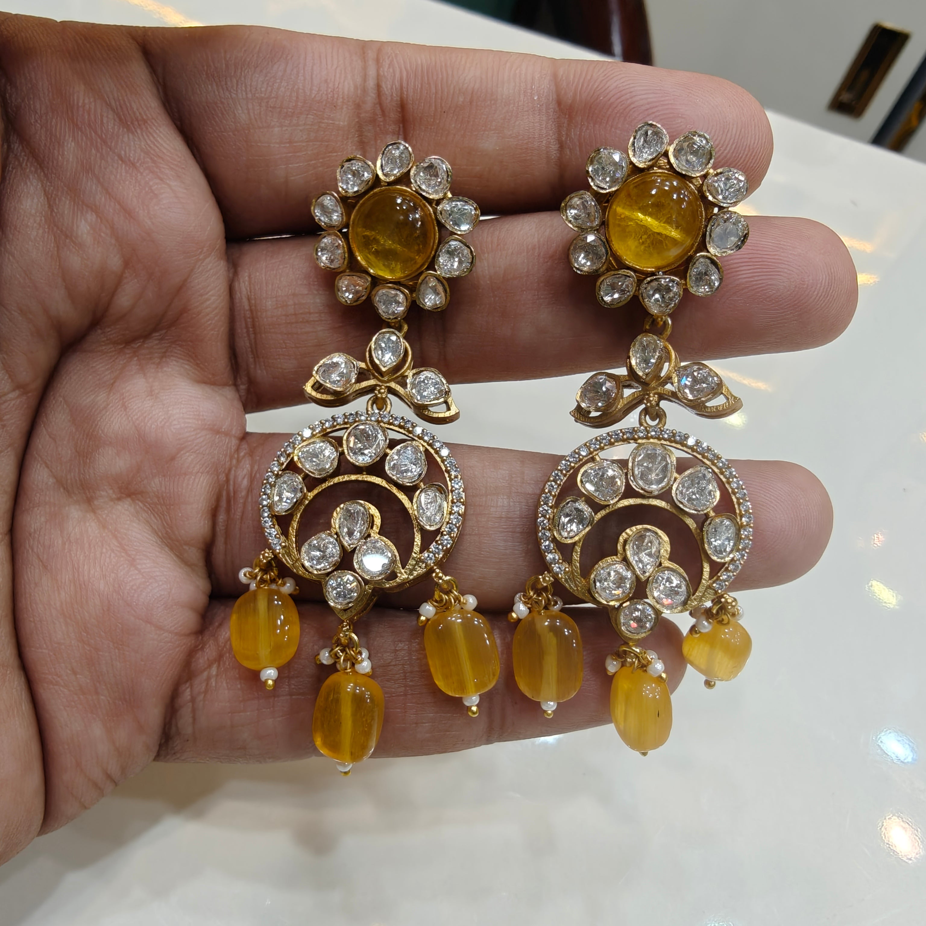 Damini Uncut Moissanite LB shade Chandbali Earrings- Yellow