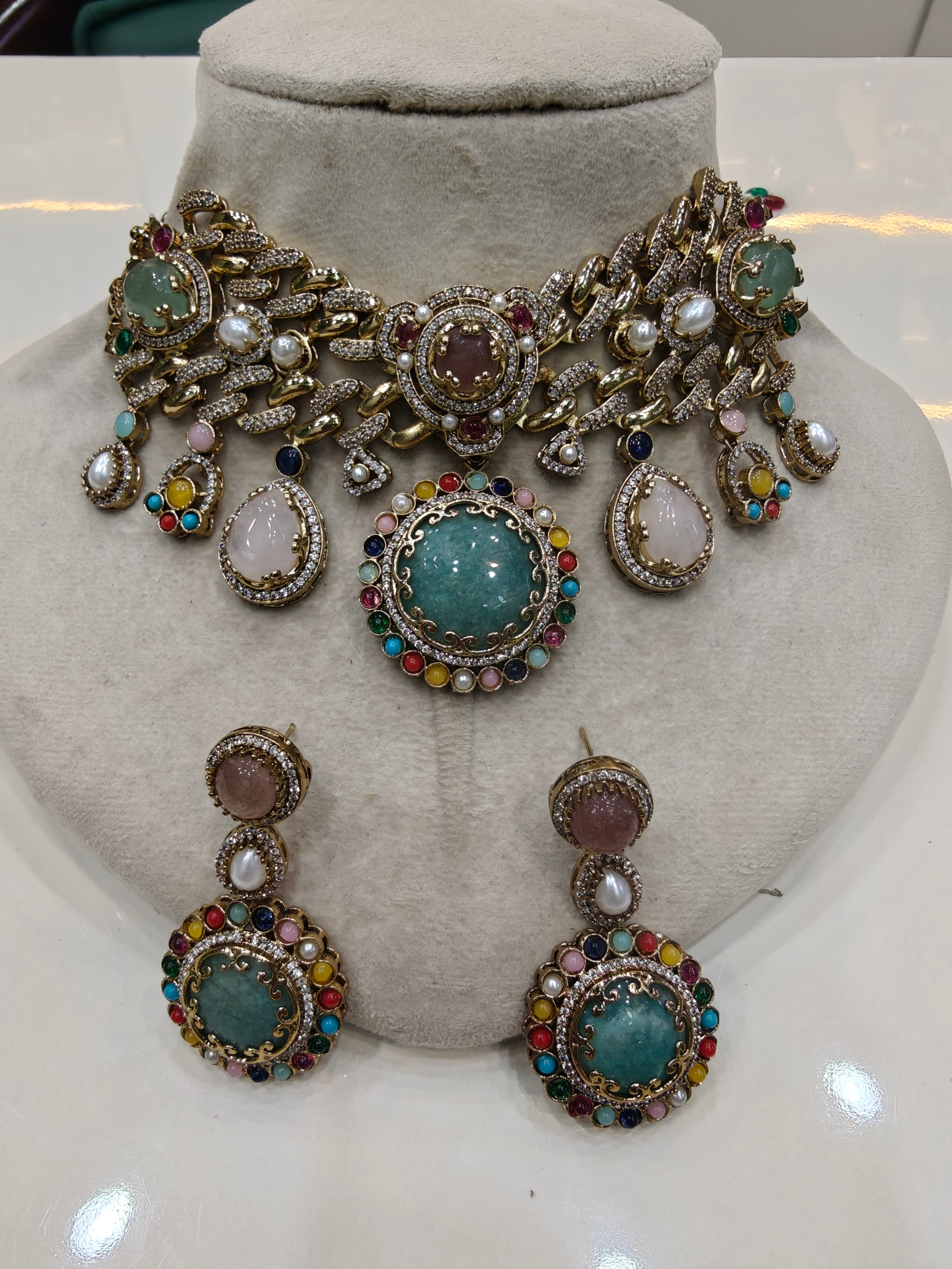 Elixir Sabyasachi inspired Gemstone Statement Choker Necklace Set