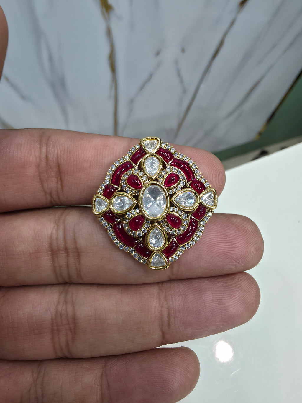 Spardha Moissanite Polki Adjustable Ring- Ruby