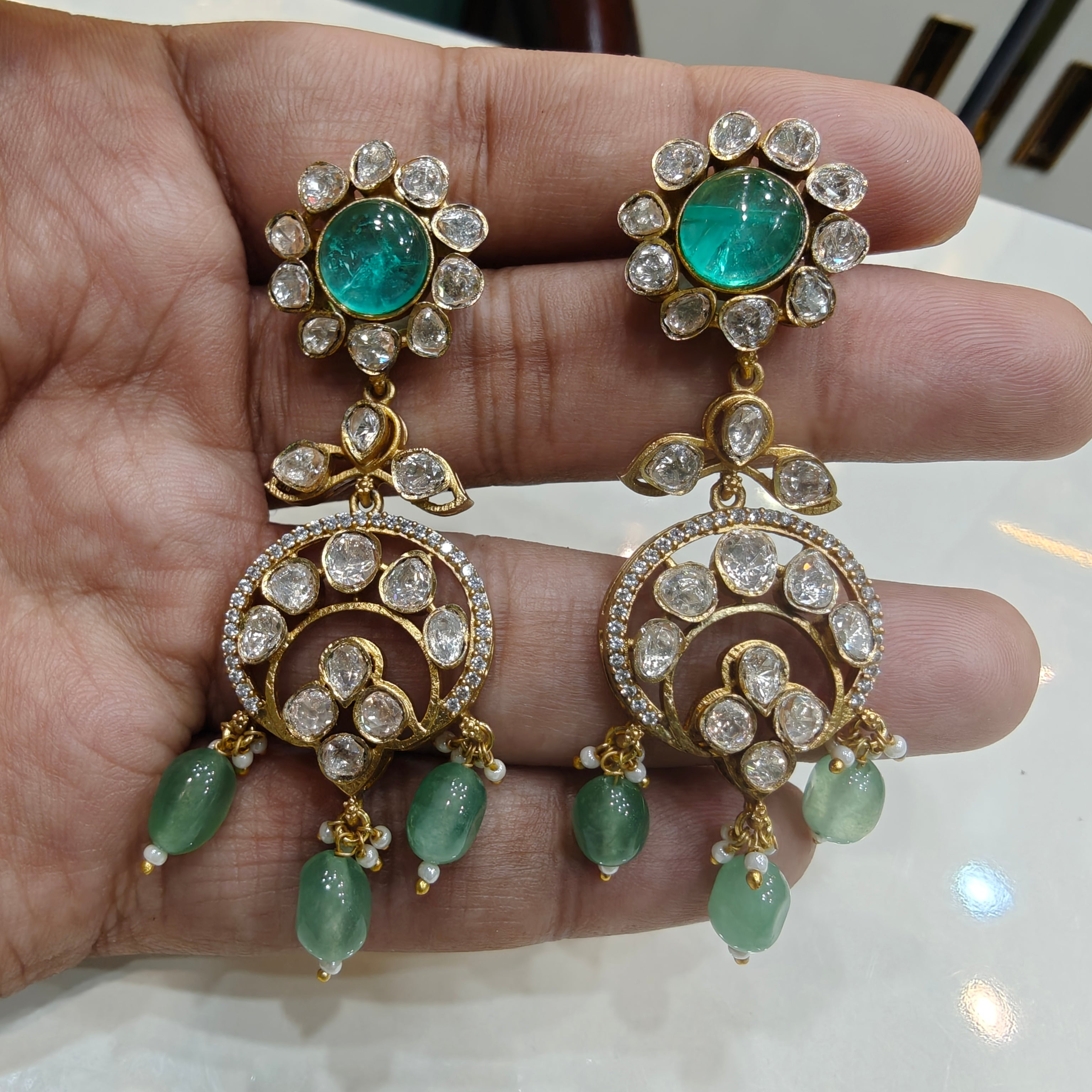 Damini Uncut Moissanite LB shade Chandbali Earrings- Mint