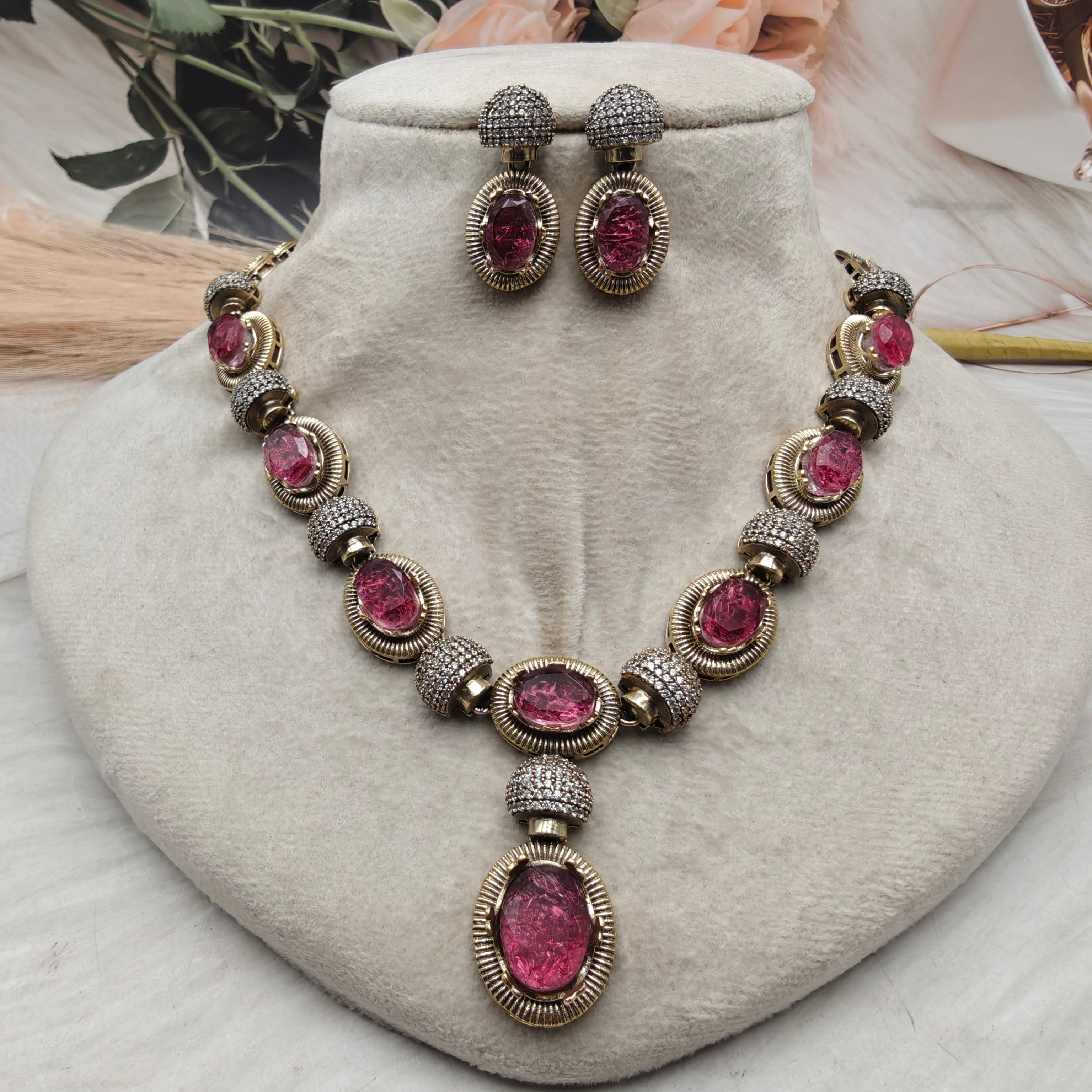 Shailaja Quartz Doublet Necklace Set- Strawberry Ruby