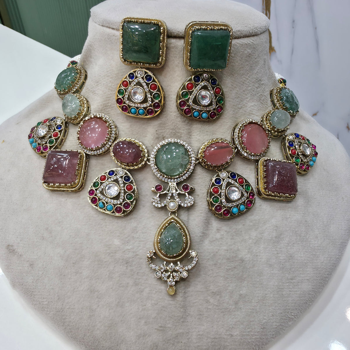 Juhi Sabya Inspired Natural Stone Necklace Set- Green Coral