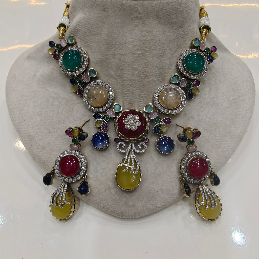 Zalak Sabya Inspired Quartz Doublet Multi Stones Necklace Set- Multi 2