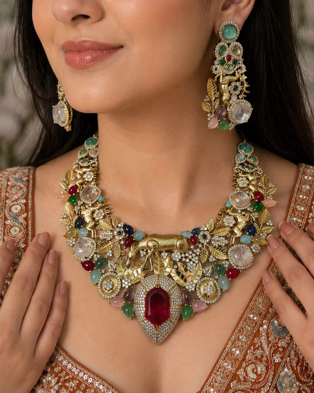 Aranya Vantara Semi Precious Stones Statment Necklace Set- Red Multi