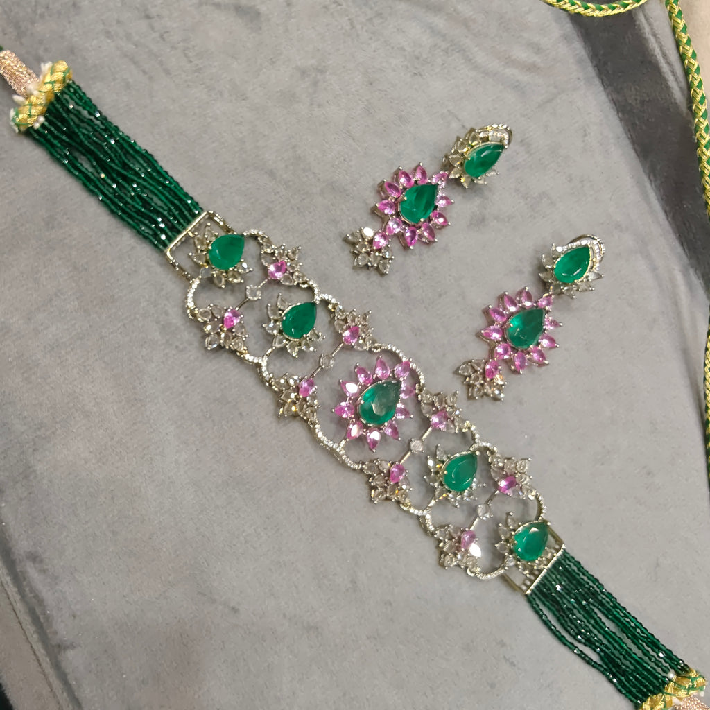 Muskaan Russian Doublet Cut Polki Choker Set- Emerald Green