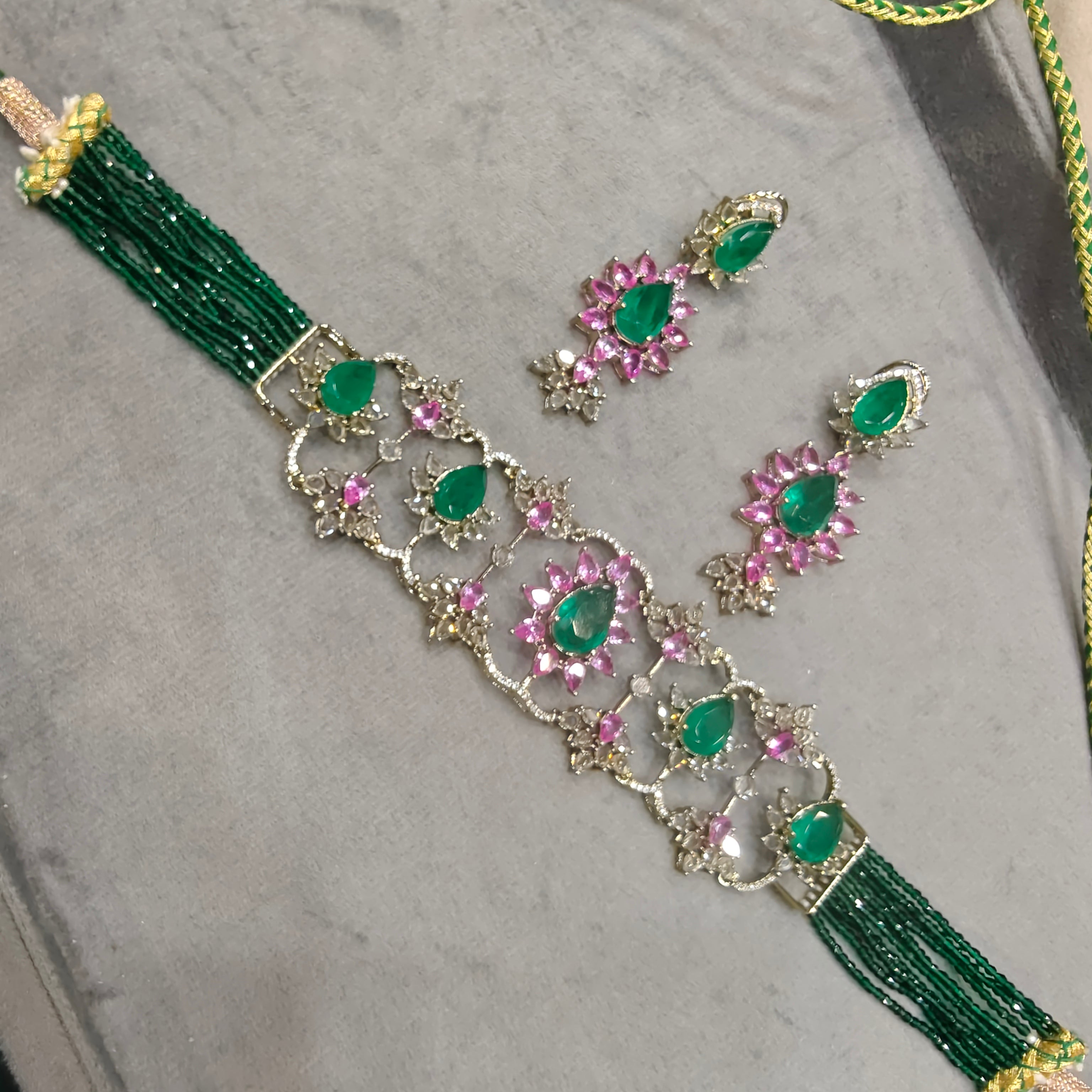 Muskaan Russian Doublet Cut Polki Choker Set- Emerald Green