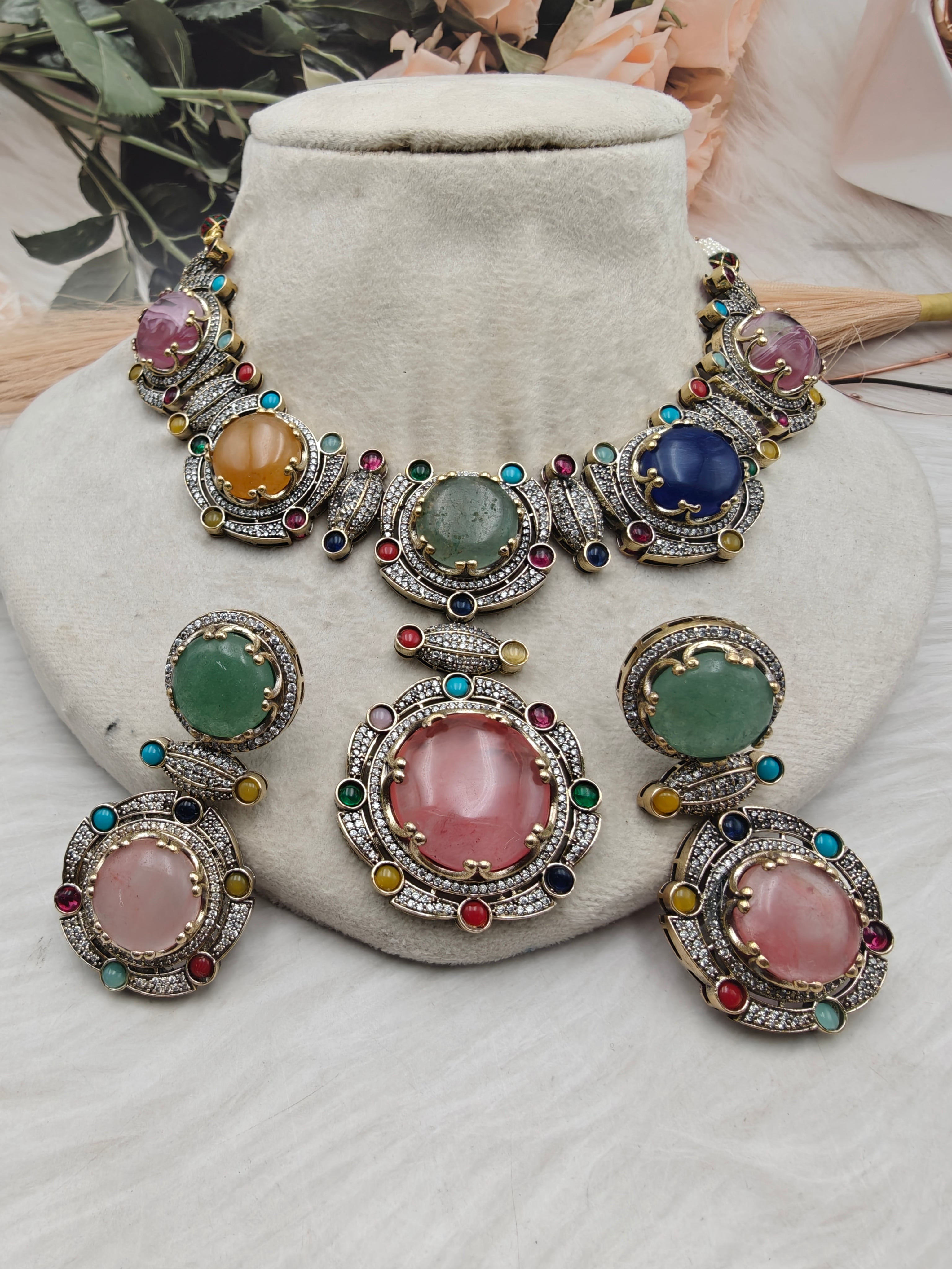 Maithali Sabyasachi Inspired Premium Semi Precious Stone Necklace Set - Multi 1