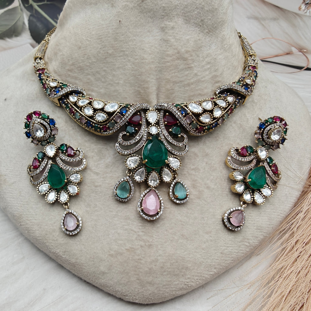 Taniya Uncut Moissanite Polki Necklace Set- Multi