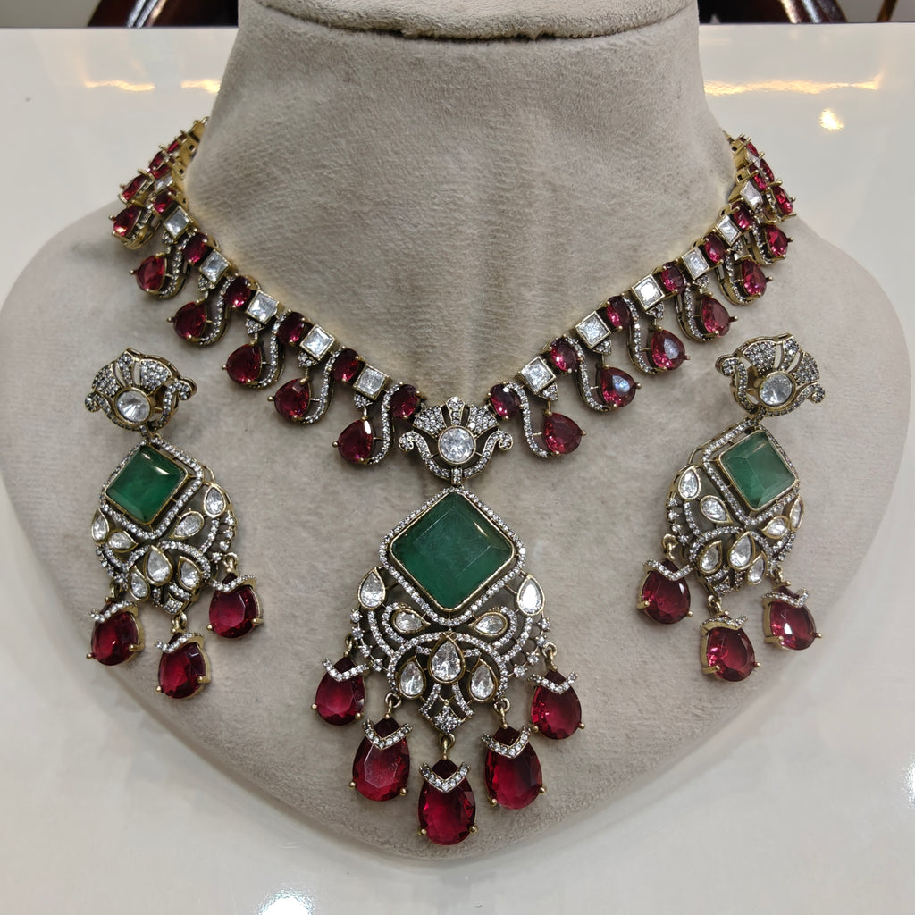 Madhu Doublet Necklace Set- Ruby Mint