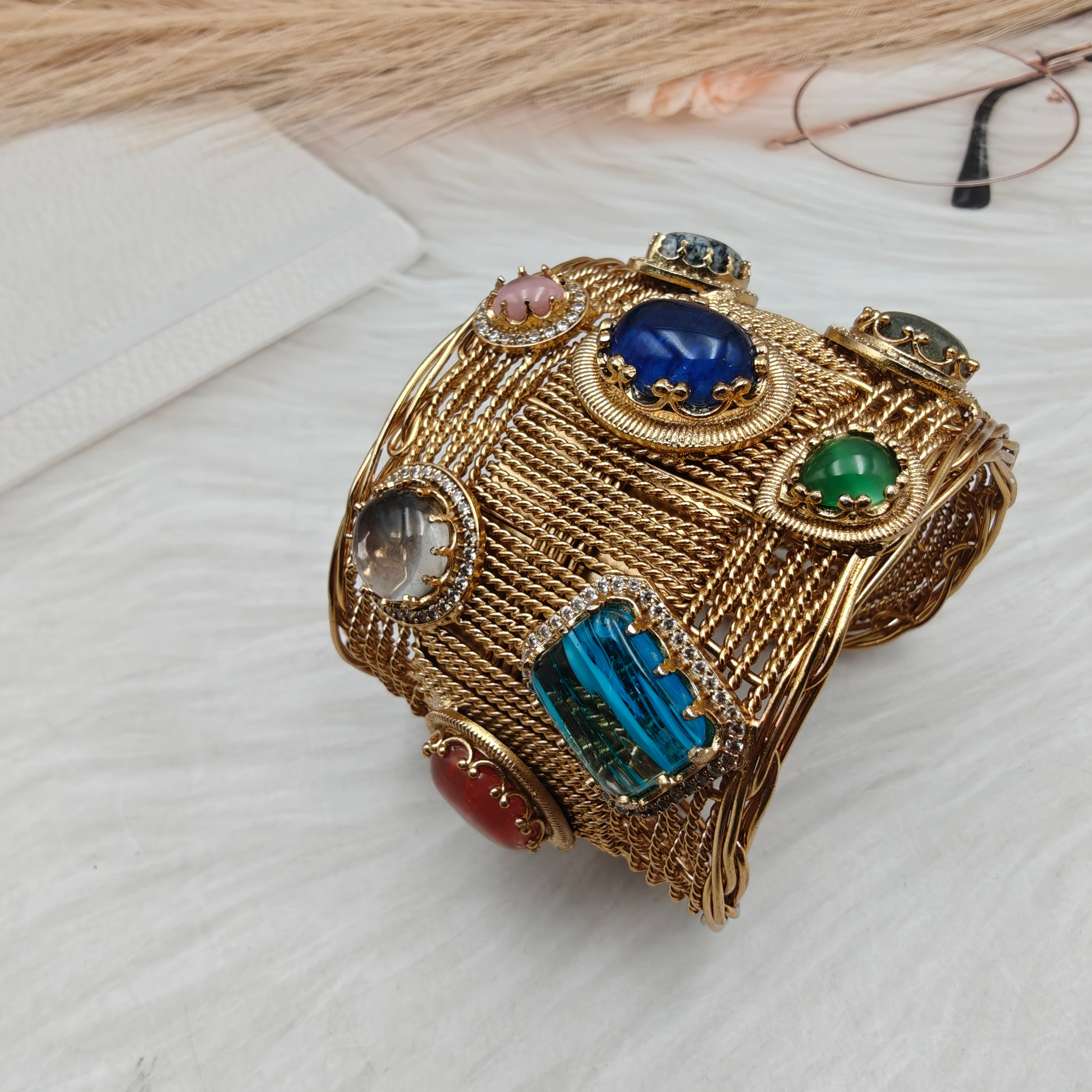 Sahiba Amrapali Brass Fusion Gemstone Handcuff- Blue Multi