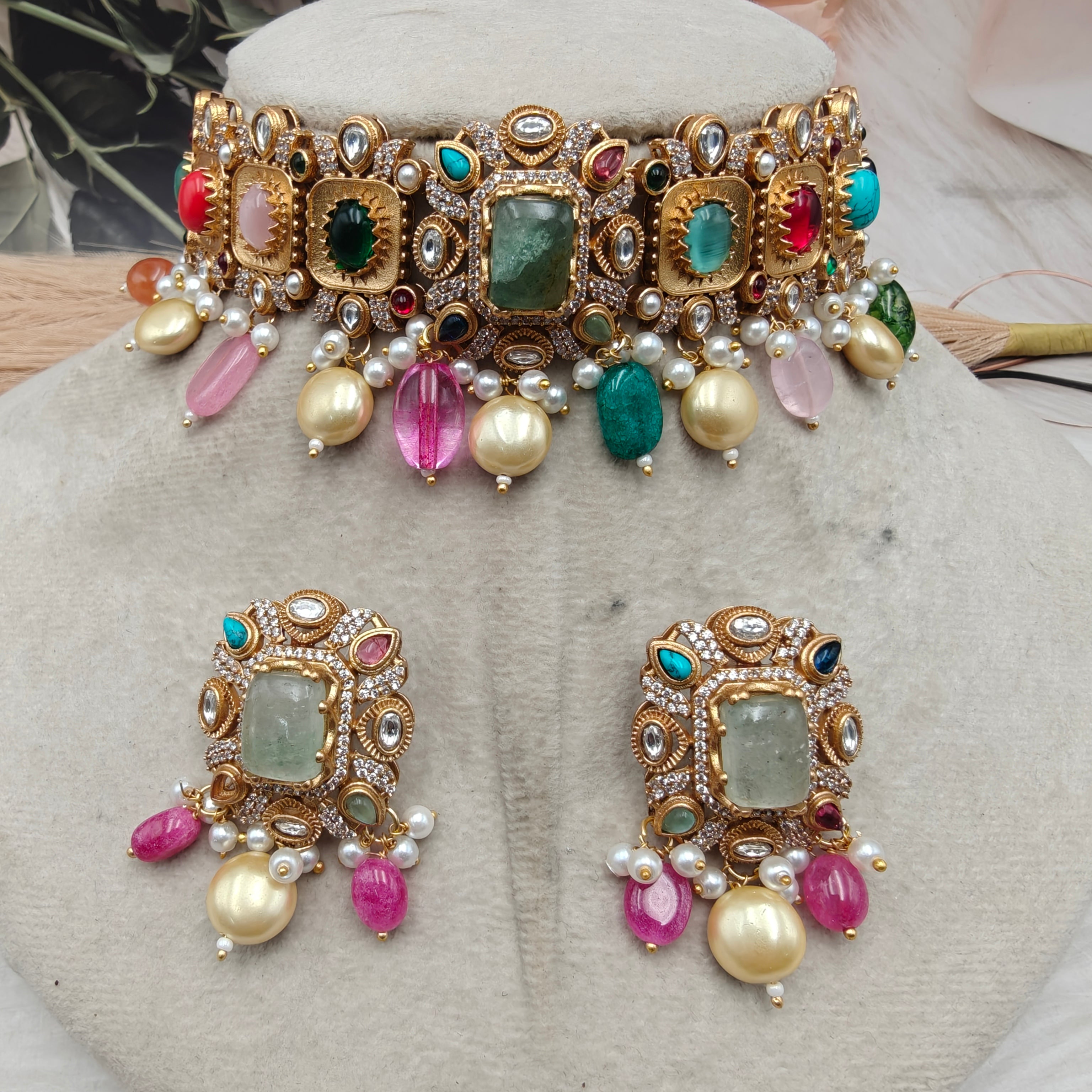 Shubhavi Navratan Natural Stone Choker Set- Mint Multi