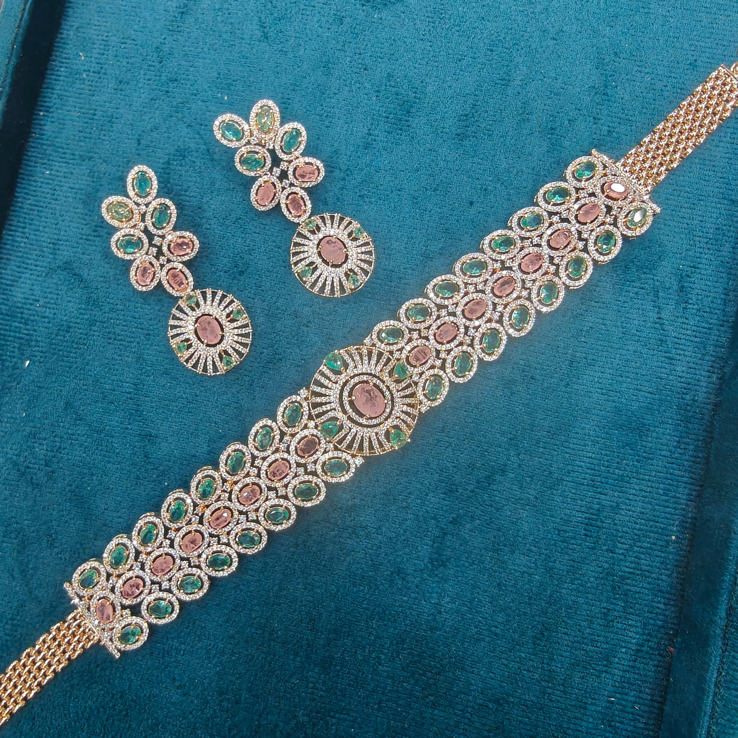 Radhya Premium Russian Doublet Choker Set- Morganite Pink and Mint