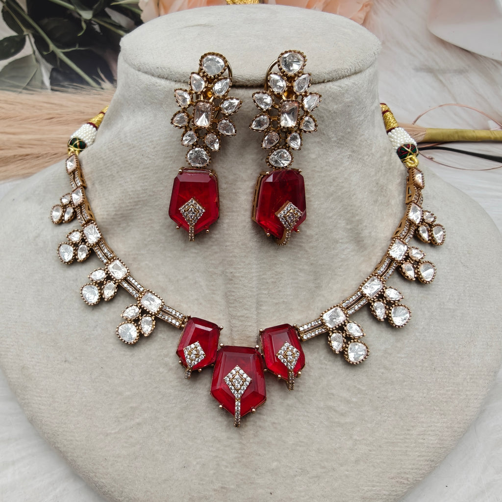Vedanshi Doublet and Uncut Moissanite Polki Necklace Set- Red