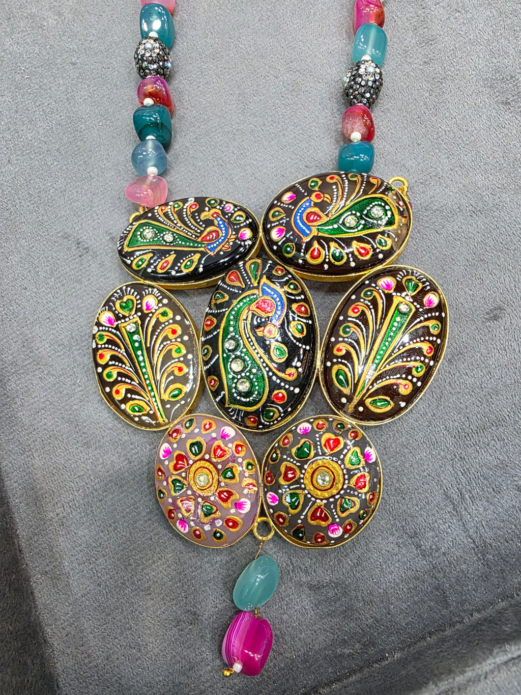 Tanjore Natural Stone Long Necklace - Multi