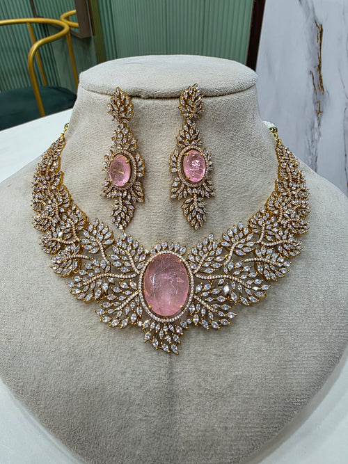 Aasna Marquise Doublet Designer Statement Necklace Set- Pink