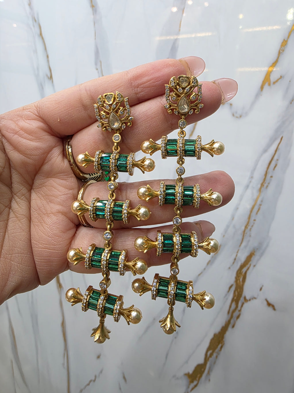 Mehvish Statement Baguette and Moissanite Dangler Earrings - Green