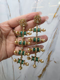 Mehvish Statement Baguette and Moissanite Dangler Earrings - Green