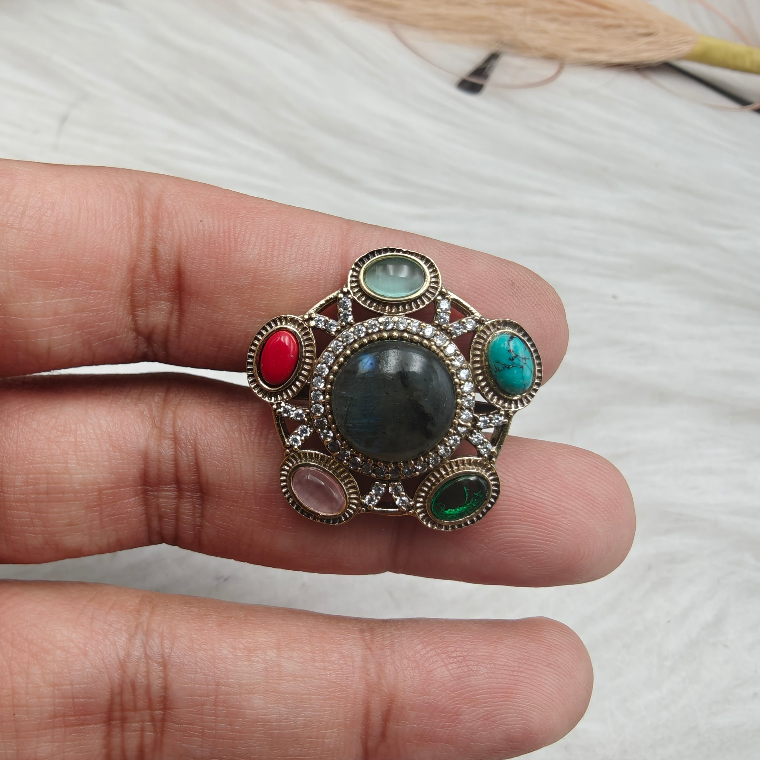 Nazni Inspired Multi Stone Adjustable Ring- Blue Multi