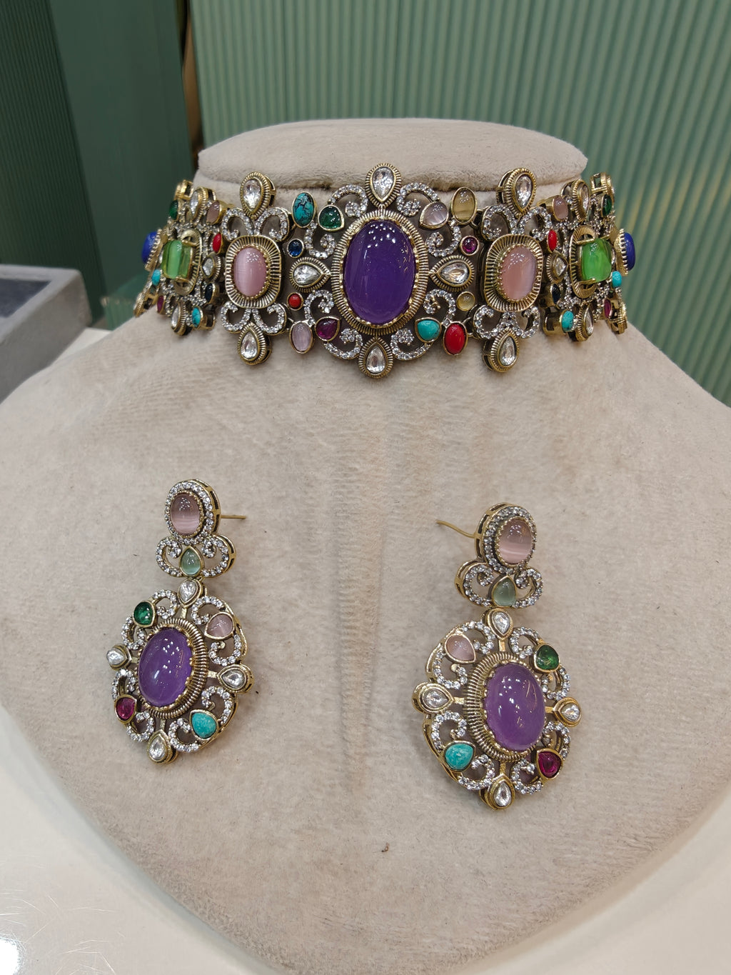 Kanika Sabya inspired Quartz Doublet Choker Set- Purple Multi