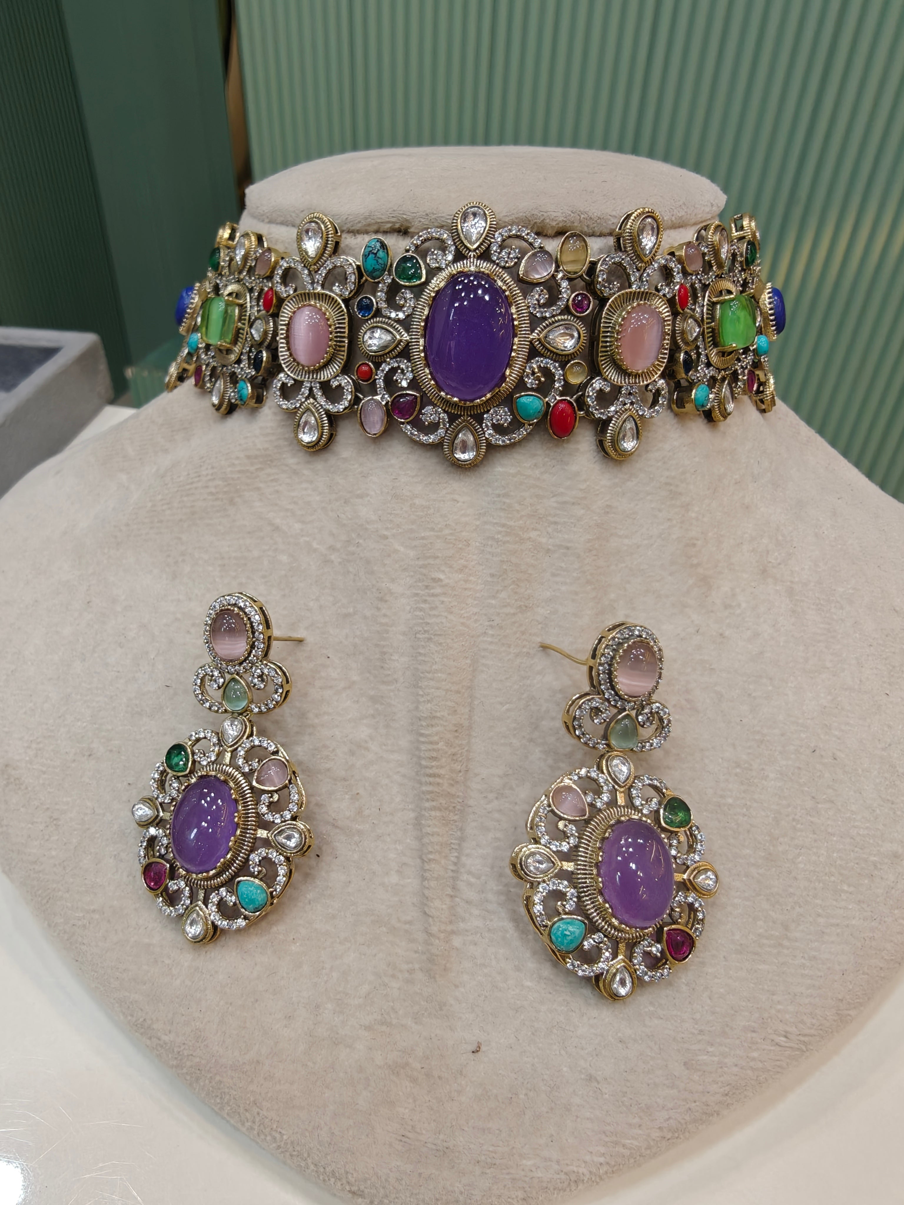 Kanika Sabya inspired Quartz Doublet Choker Set- Purple Multi