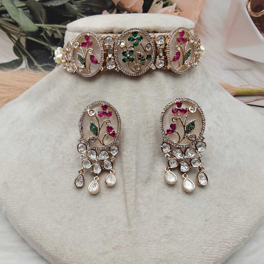 Meher Floral Mother of Pearl Choker Set- Ruby n Green