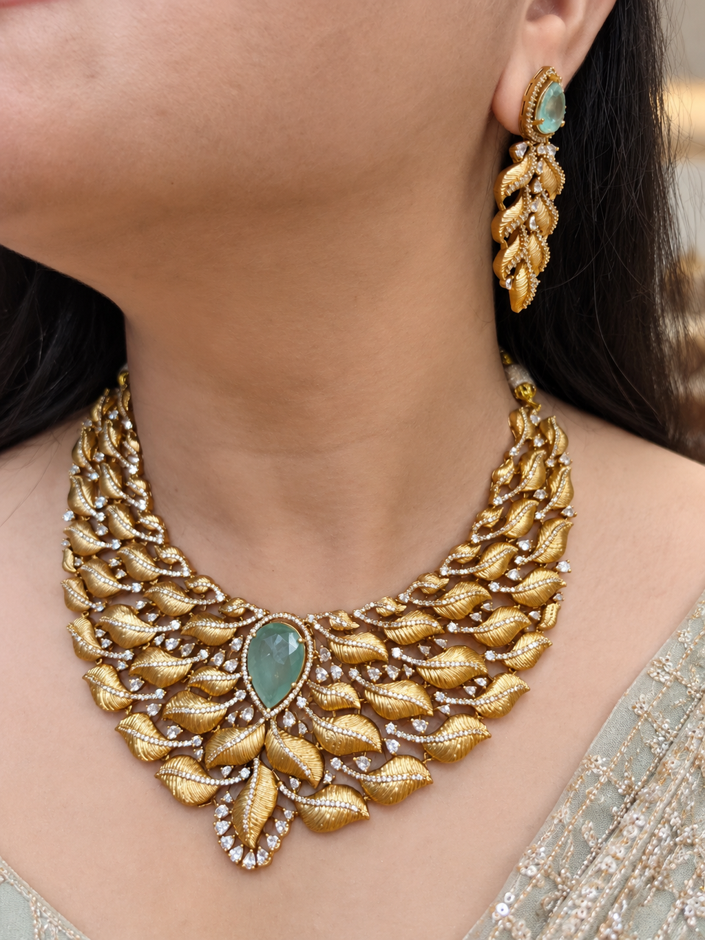Mahi Doublet CZ Statement Necklace Set- Mint