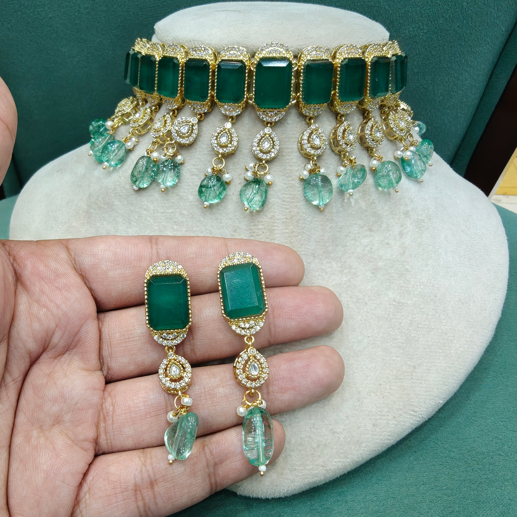 Sunidhi Doublet Gold Finish Choker Set- Emerald Green
