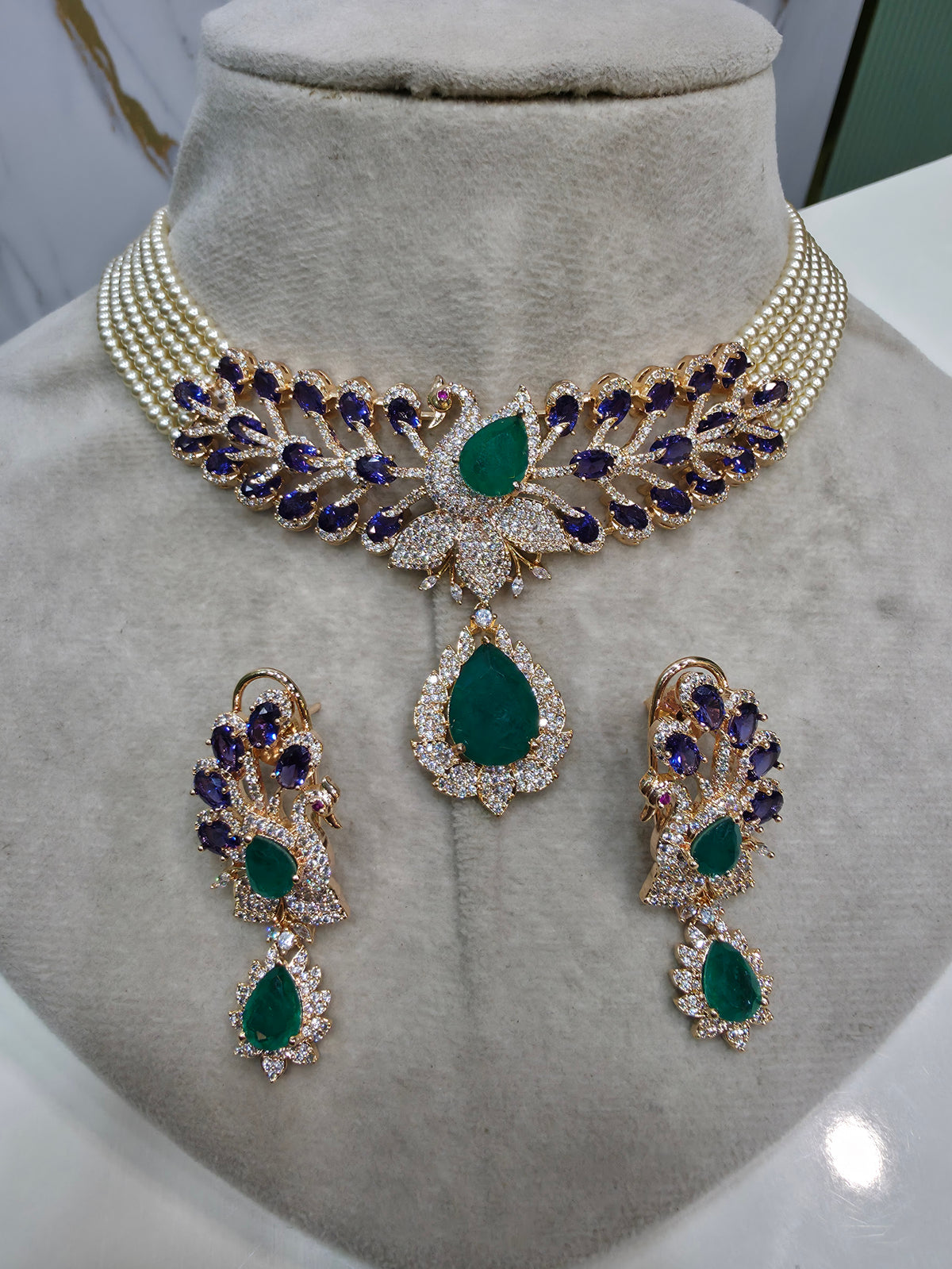 Mayura Hazoori Inspired Doublet and Pearl Choker Necklace Set- Purple Emerald