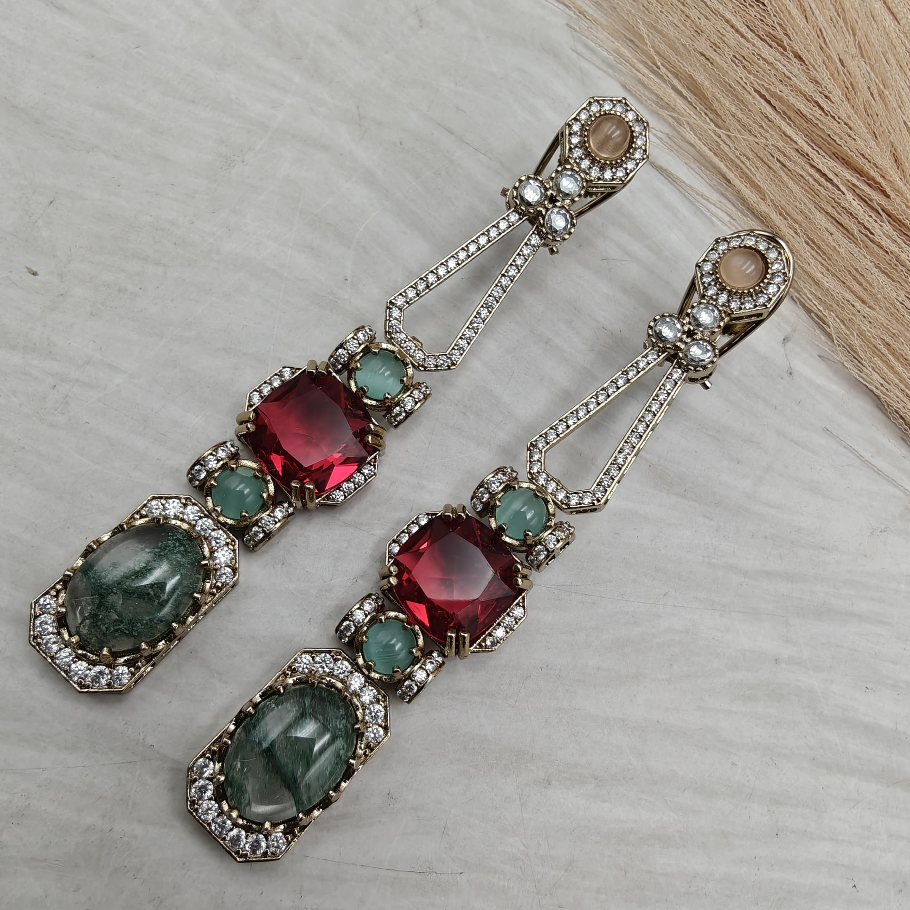 Rohini Sabya Inspired Gemstone Statement Earrings-Moss Green and Red
