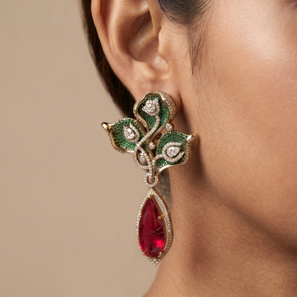 Shalvi Designer Doublet Earrings- Red Green