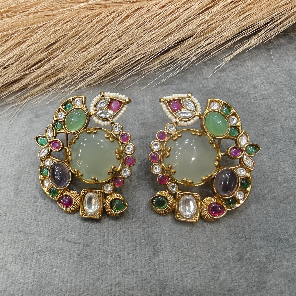 Avantika Gemstone Kundan Heritage Studs- Minty White Multi