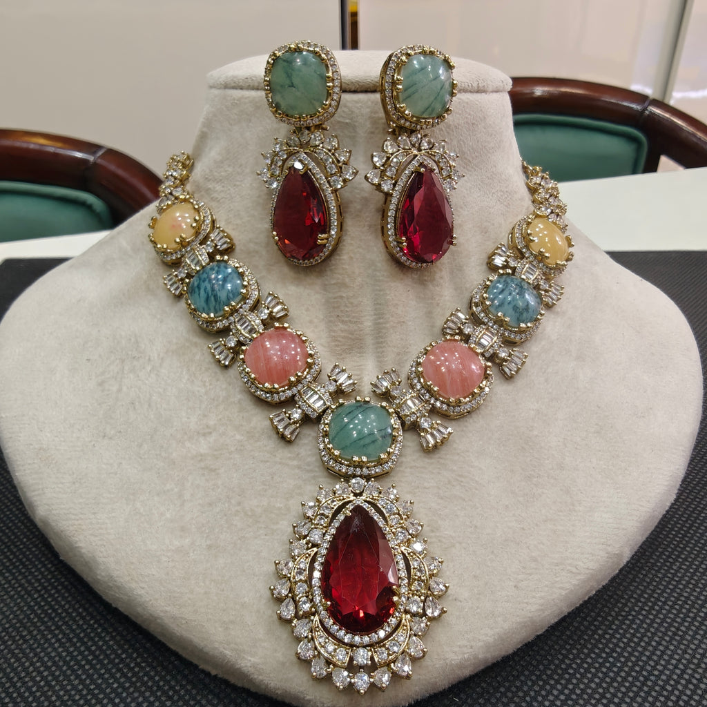 Sabyasachi Inspired Premium Statement Vajra Necklace Set- Ruby Multi