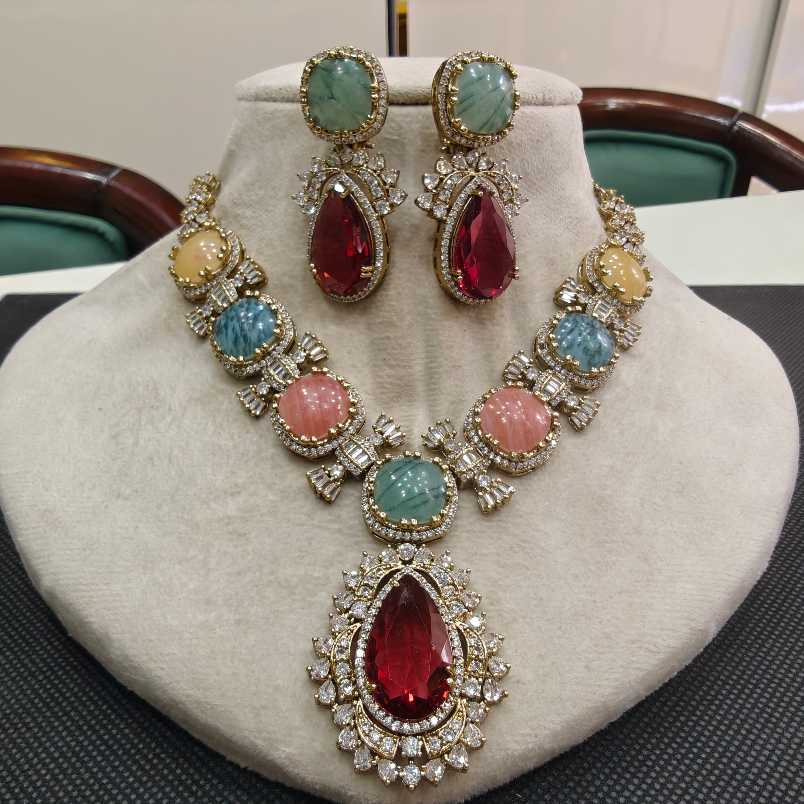 Sabyasachi Inspired Premium Statement Vajra Necklace Set- Ruby Multi