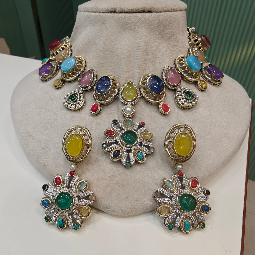 Rubaru Multi Quartz Necklace Set- Green Multi