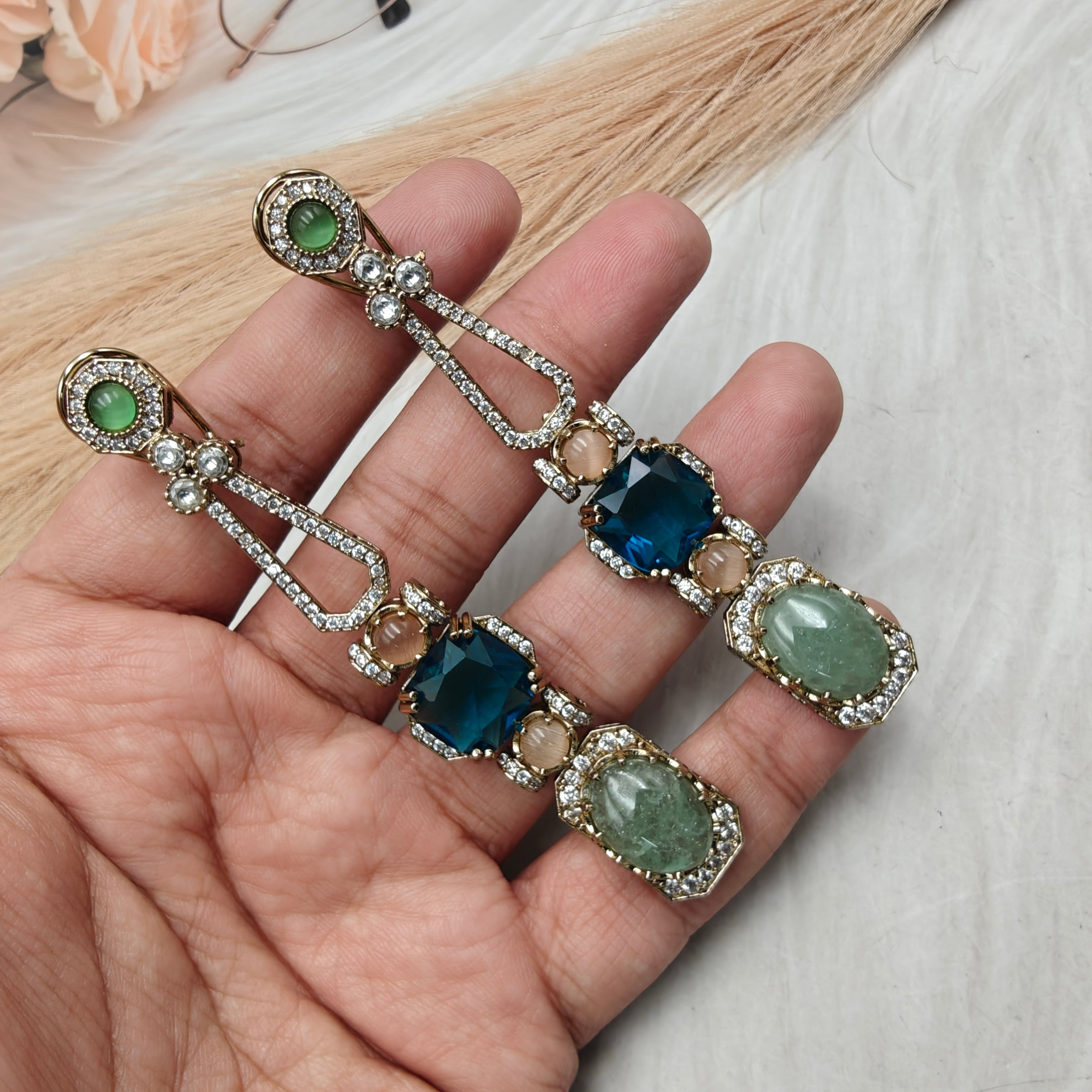 Rohini Sabya Inspired Gemstone Statement Earrings-Green aventurine and Blue