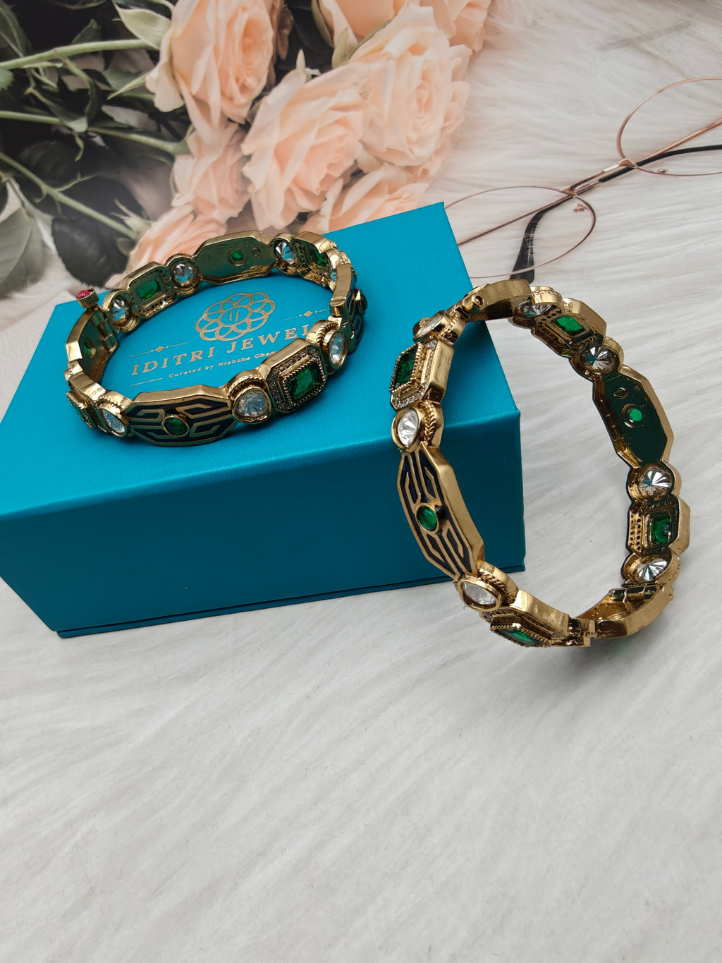 Sargam Enamel and Moissanite Openable Bangles- Green