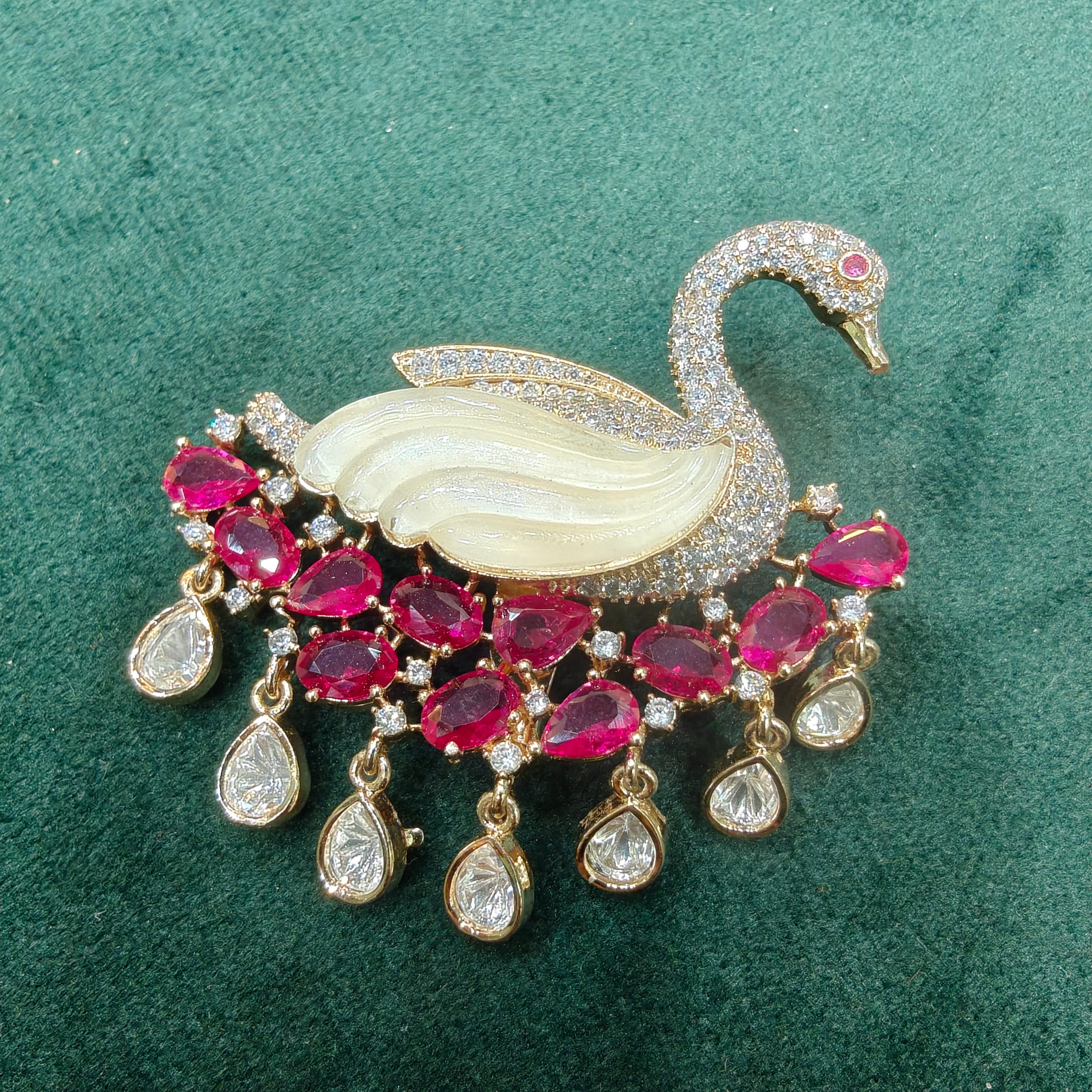 Swan Mother of Pearl Brooch- Ruby