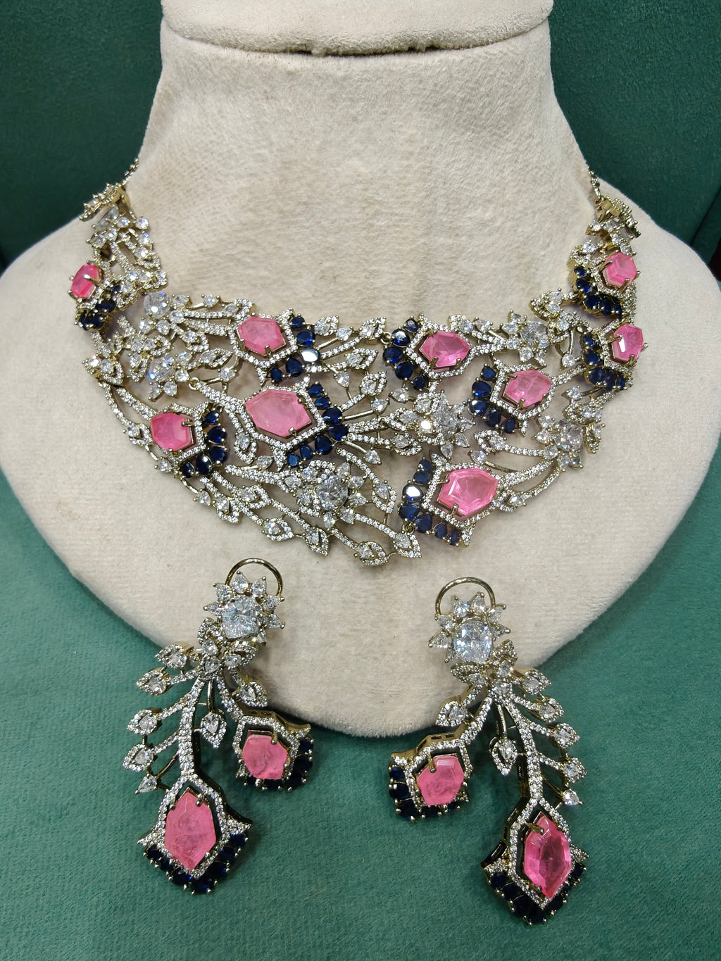 Rajkumari Bloom Statement Necklace Set- Pink and Blue