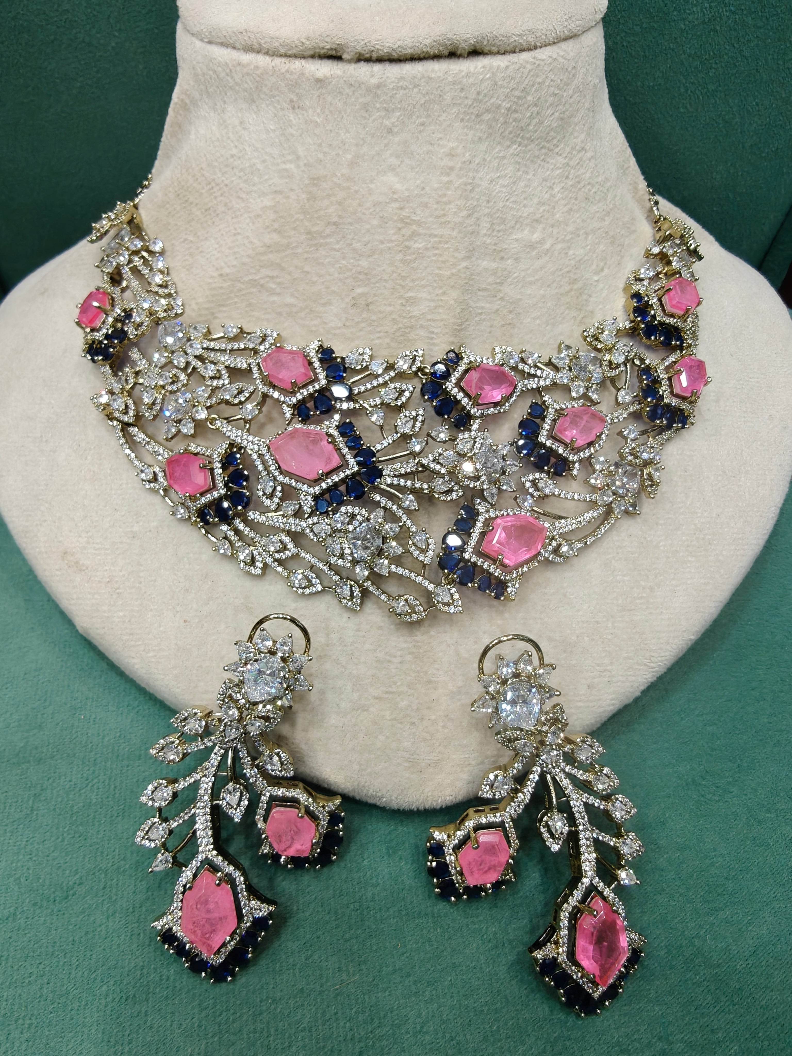 Rajkumari Bloom Statement Necklace Set- Pink and Blue