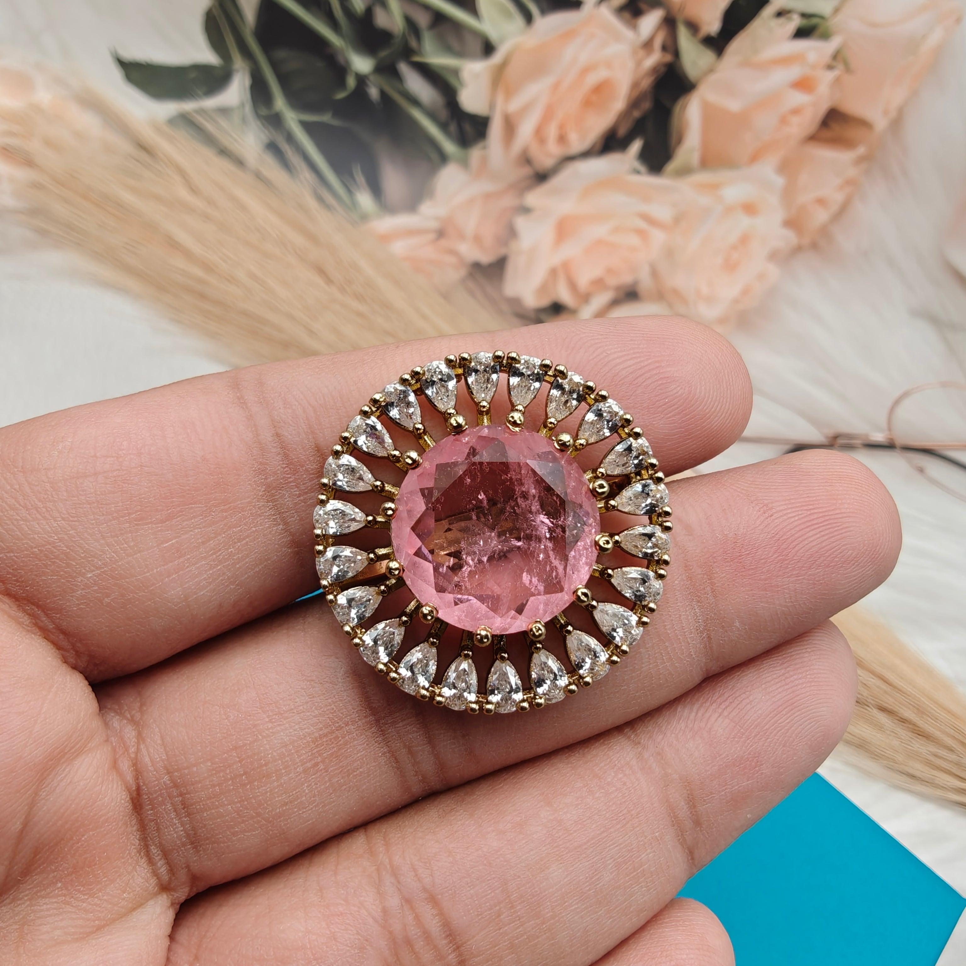 Naisha Doublet AD Adjustable Cocktail Ring- Pink Coral