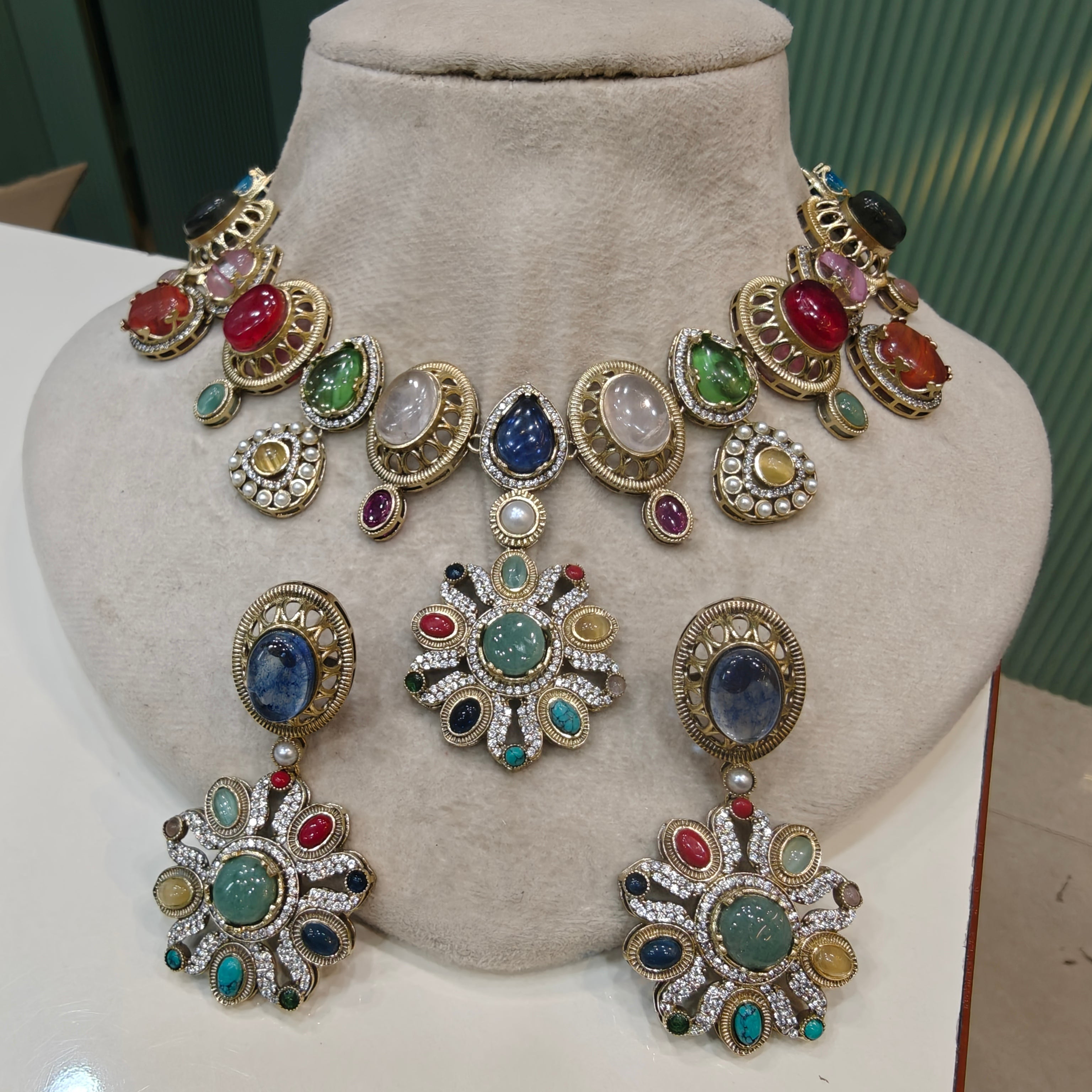 Rubaru Multi Quartz Necklace Set- Mint Multi