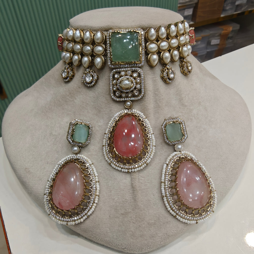 Alokika Sabya Inspired Pearl and Natural Stone Necklace Set